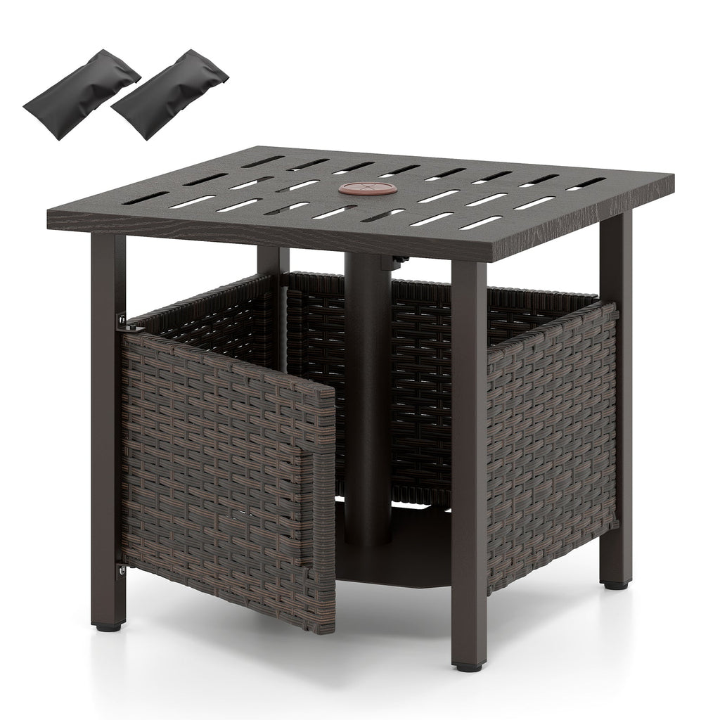 Outdoor Side Table with 1.93" Umbrella Hole All-Weather PE Wicker Patio Umbrella Table-Brown