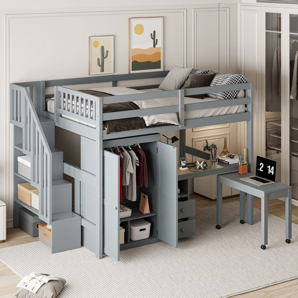 Loft Bed With Stairs, Bookshelf, Drawers, Desk & Wardrobe, Space Saving Multifunctional Furniture