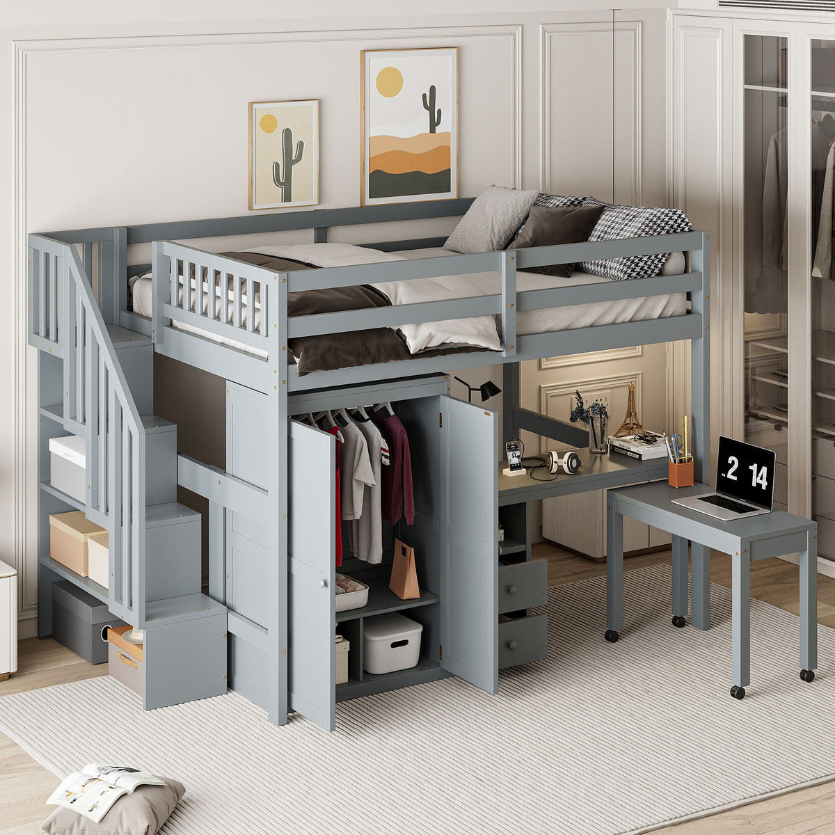 Loft Bed With Stairs, Bookshelf, Drawers, Desk & Wardrobe, Space Saving Multifunctional Furniture