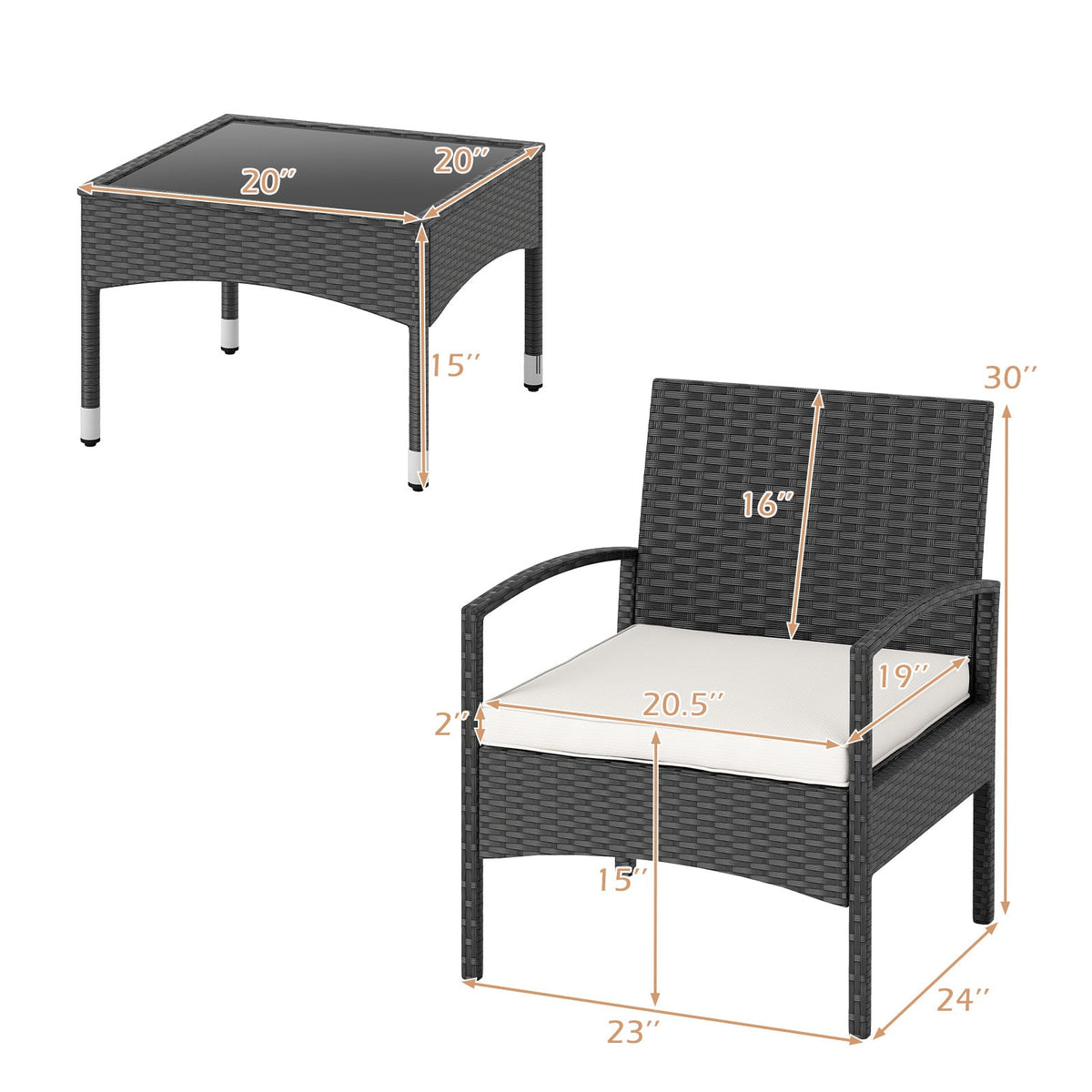 3-Piece Patio Furniture Set Rattan Bistro Chairs with Table-Beige