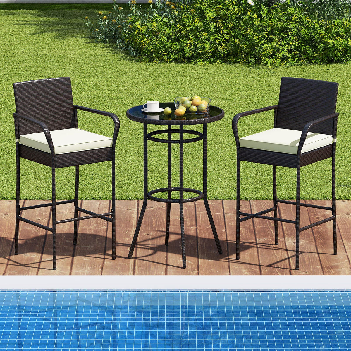 Patio Rattan Bar Height Table and Chairs with 2 Seat Cushions for Porch-White