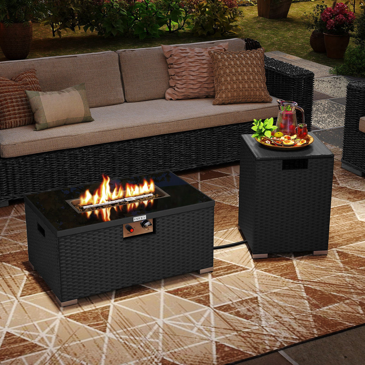 2-Piece Outdoor Rattan Fire Table Set 32 Inch Rectangle Gas Firepit with Tank Cover