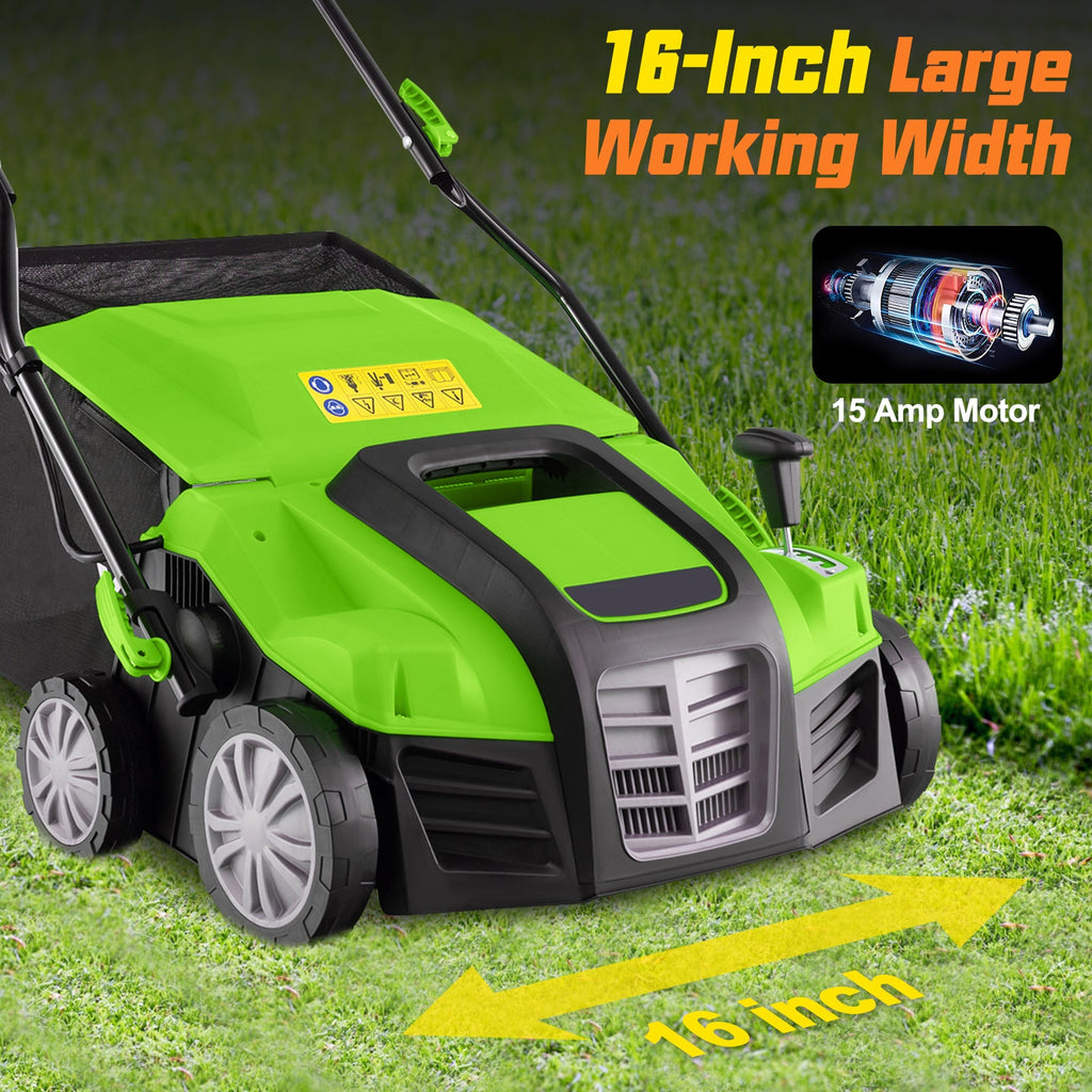16-Inch Electric Lawn Dethatcher and Scarifier with Collection Bag