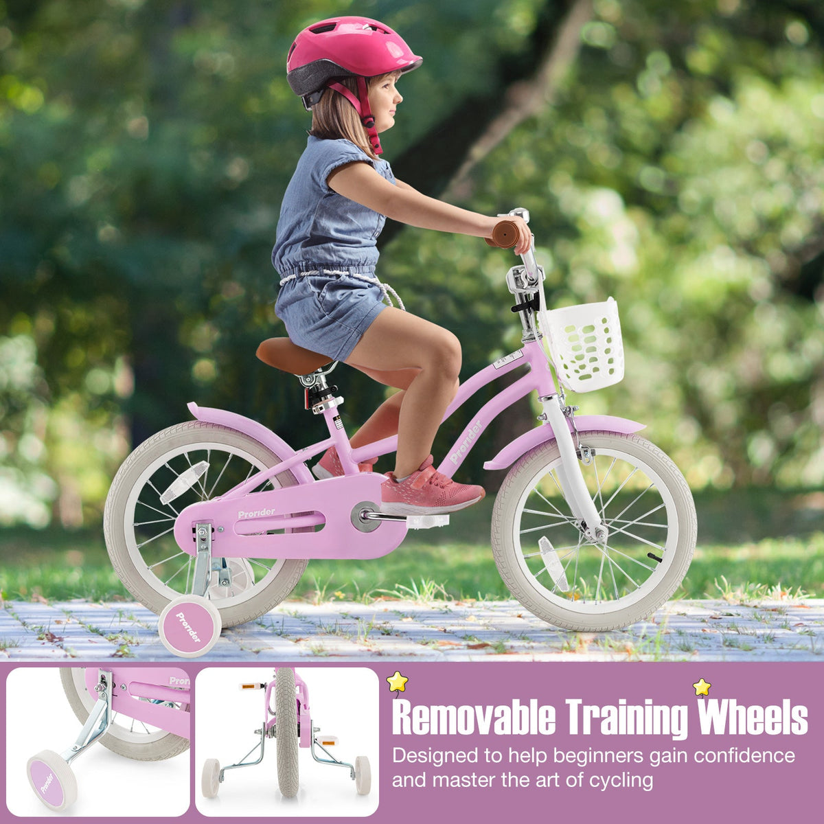 16 Inch Kids Bike with Front Handbrake and 2 Training Wheels-Purple