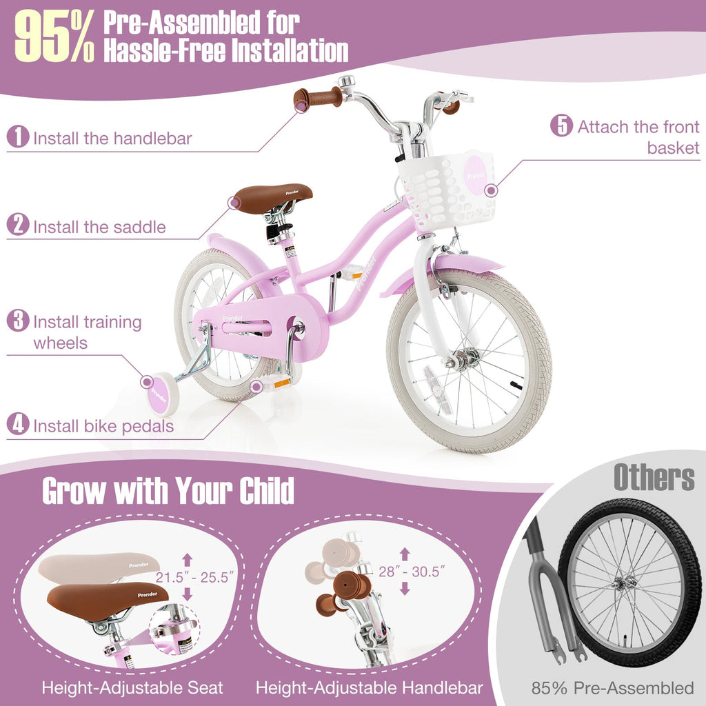 16 Inch Kids Bike with Front Handbrake and 2 Training Wheels-Purple