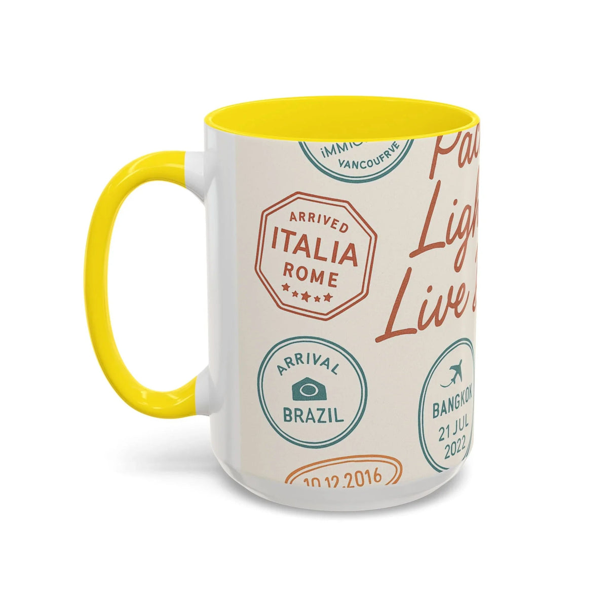 Pack Light, Live Big – Wanderlust Mug with Passport Stamp Collection
