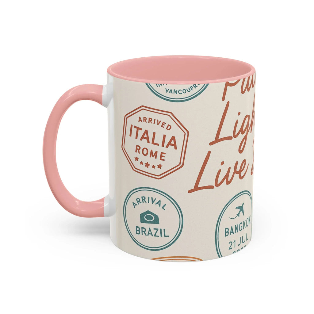 Pack Light, Live Big – Wanderlust Mug with Passport Stamp Collection