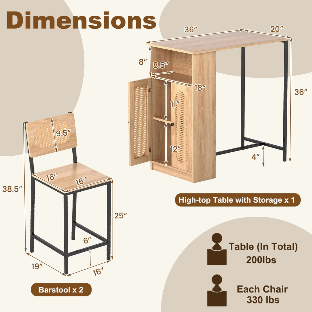 3-Piece Bar Table and Chairs Set with Storage Shelves and Footrests-Natural
