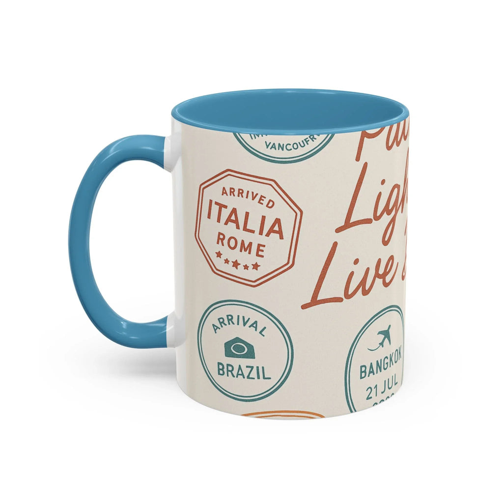 Pack Light, Live Big – Wanderlust Mug with Passport Stamp Collection