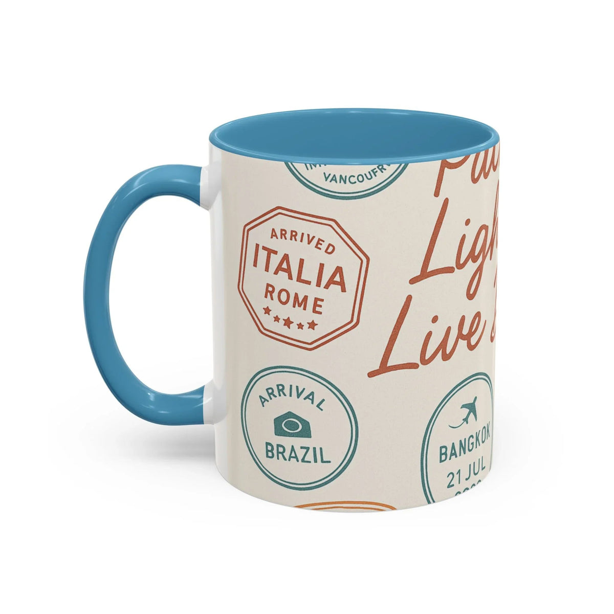 Pack Light, Live Big – Wanderlust Mug with Passport Stamp Collection