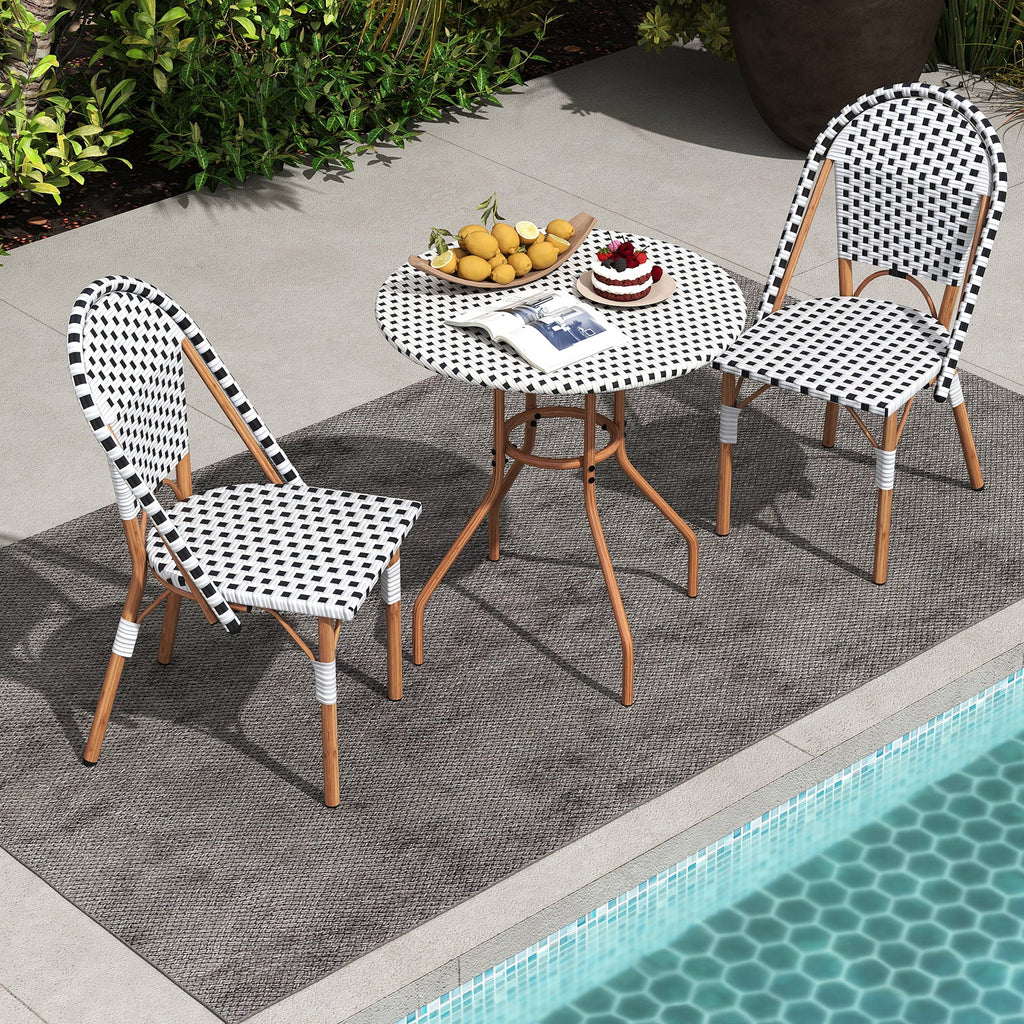 3 Piece French Bistro Table Chair Set with Outdoor Wicker Round Table and 2 Dining Chairs