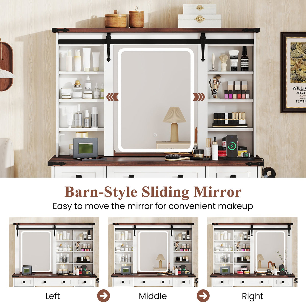 Farmhouse Vanity Desk with Barn-Style Sliding Mirror and 3 Lighting Modes-White