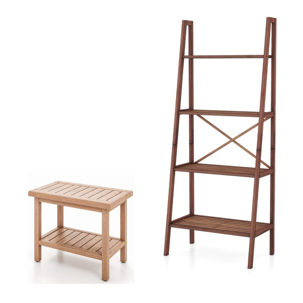 2-Piece Laundry Room Furniture Set: Teak Utility Bench + Bamboo Ladder Shelf