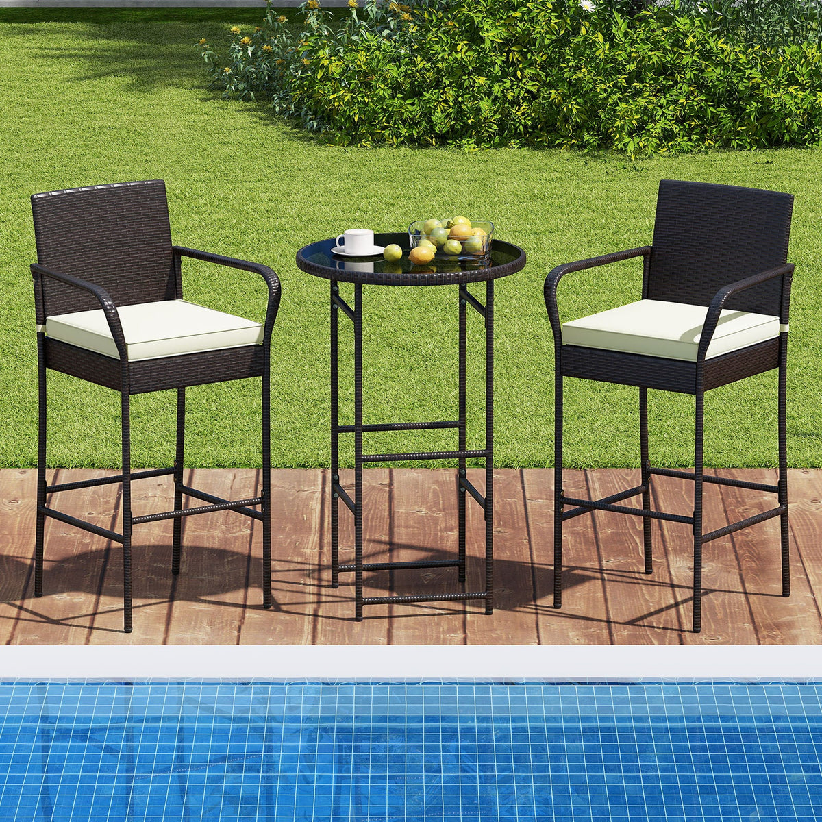 3 Piece Outdoor Bar Set with 2 Seat Cushions for Porch Yard-White