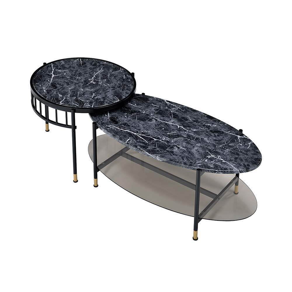 Silas - Nesting Coffee Table Set - Faux Marble Top & Black
