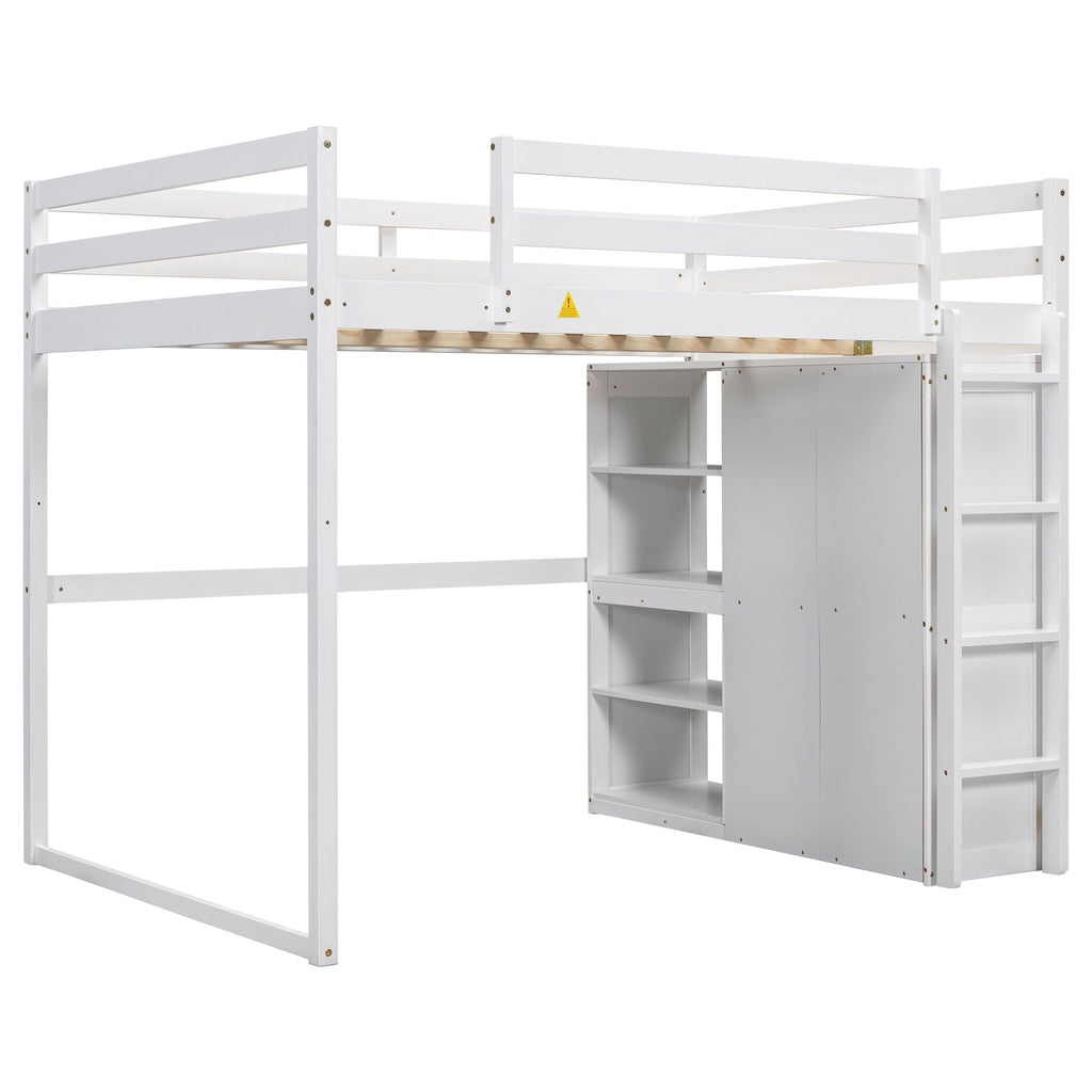 Loft Bed With Built In Wardrobe, Storage Shelves, And LED Light
