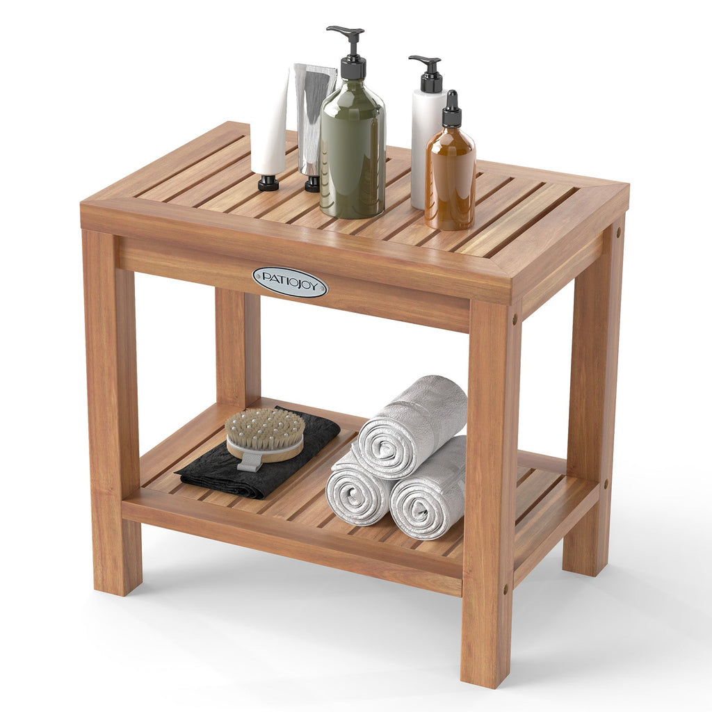 19 Inch Teak Wood Shower Bench Inside Shower Stool with Storage Shelf