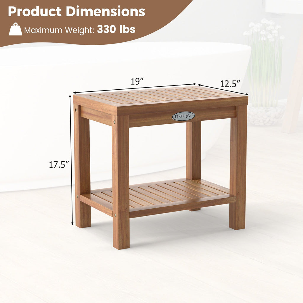 19 Inch Teak Wood Shower Bench Inside Shower Stool with Storage Shelf