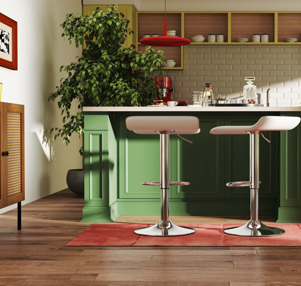 5-Piece Kitchen & Dining Bundle: Adjustable Bar Stools (Set of 2) + Stackable Stools (Set of 6) + Rattan Storage Sideboard