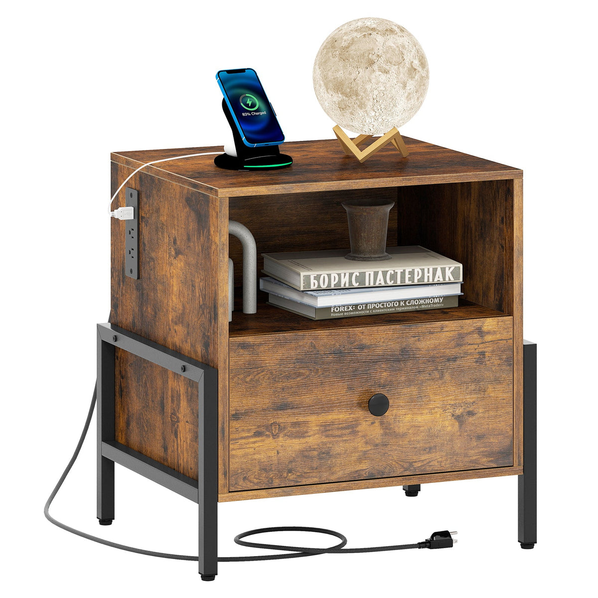 Nightstand with Charging Station and Drawer Sofa Side Table-Rustic Brown