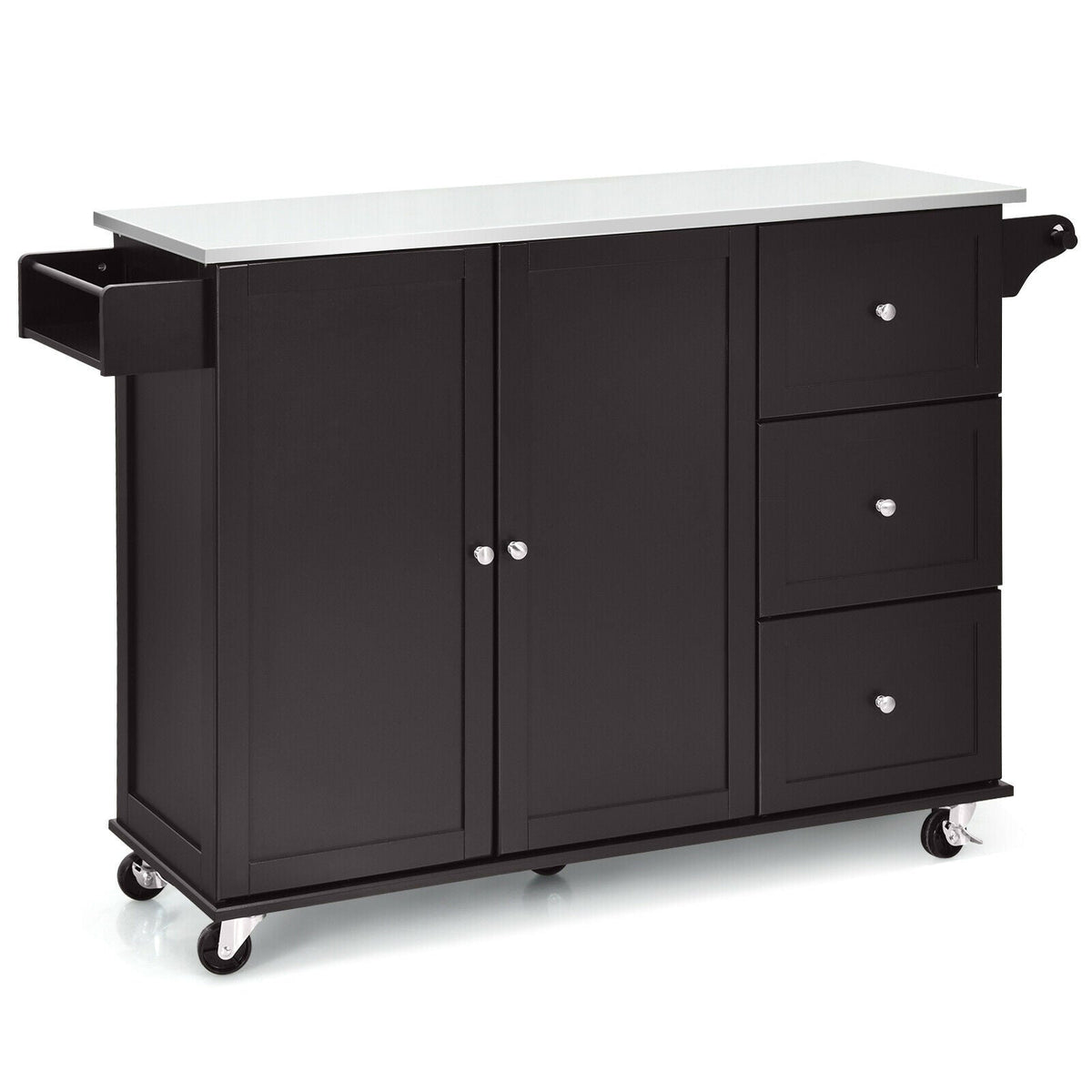 Kitchen Island 2-Door Storage Cabinet with Drawers and Stainless Steel Top