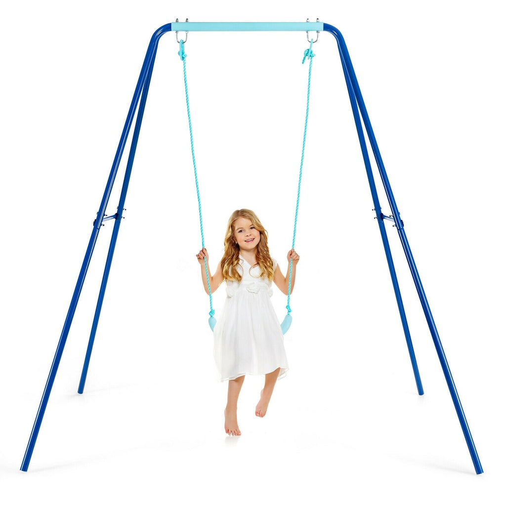 Outdoor Kids Swing Set with Heavy-Duty Metal A-Frame and Ground Stakes
