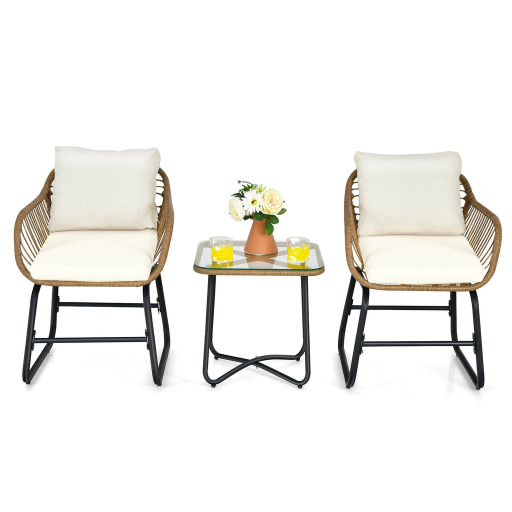 3-Piece Patio Bistro Set with 2 Rattan Chairs and Square Glass Coffee Table-White