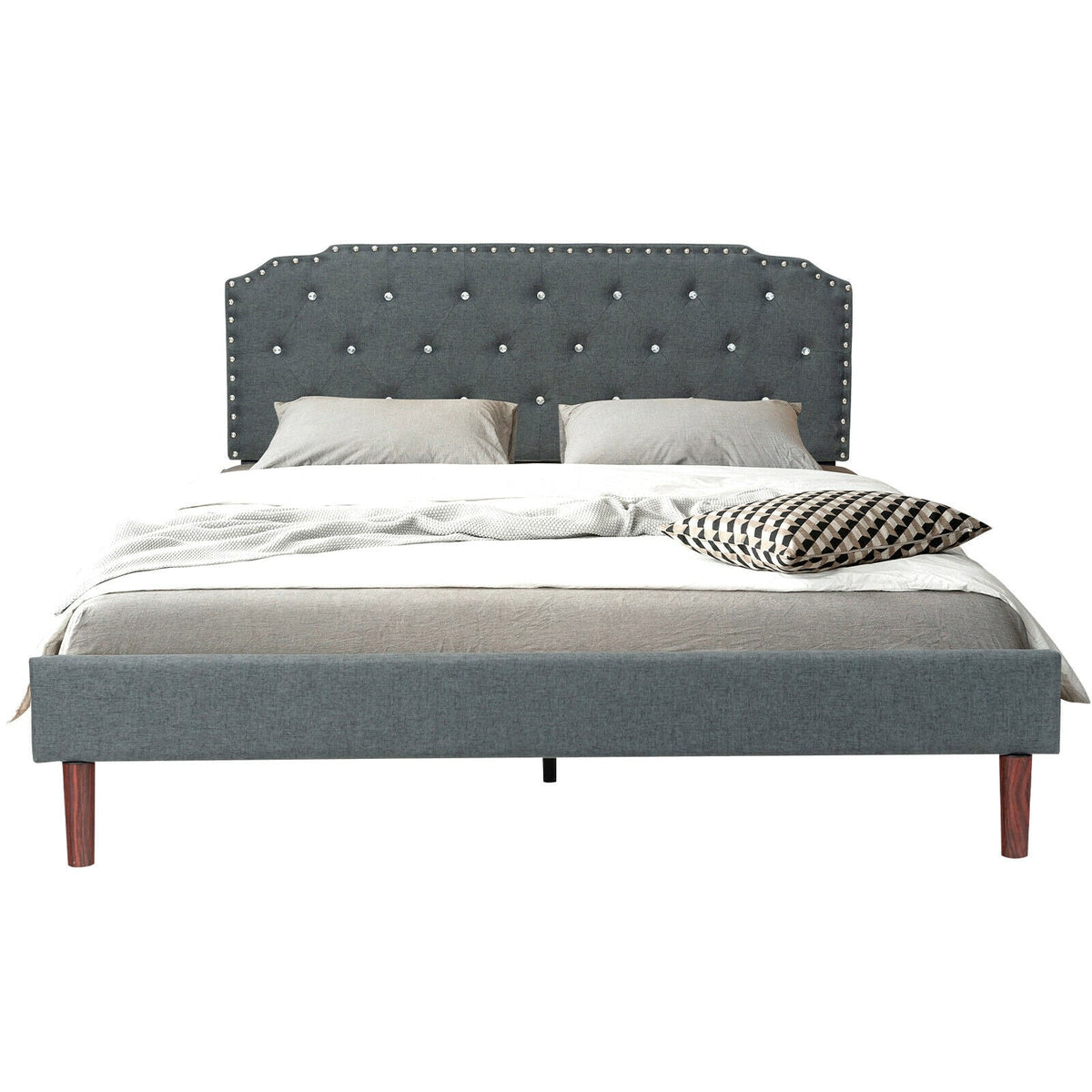 Upholstered Bed Frame with Adjustable Diamond Button Headboard