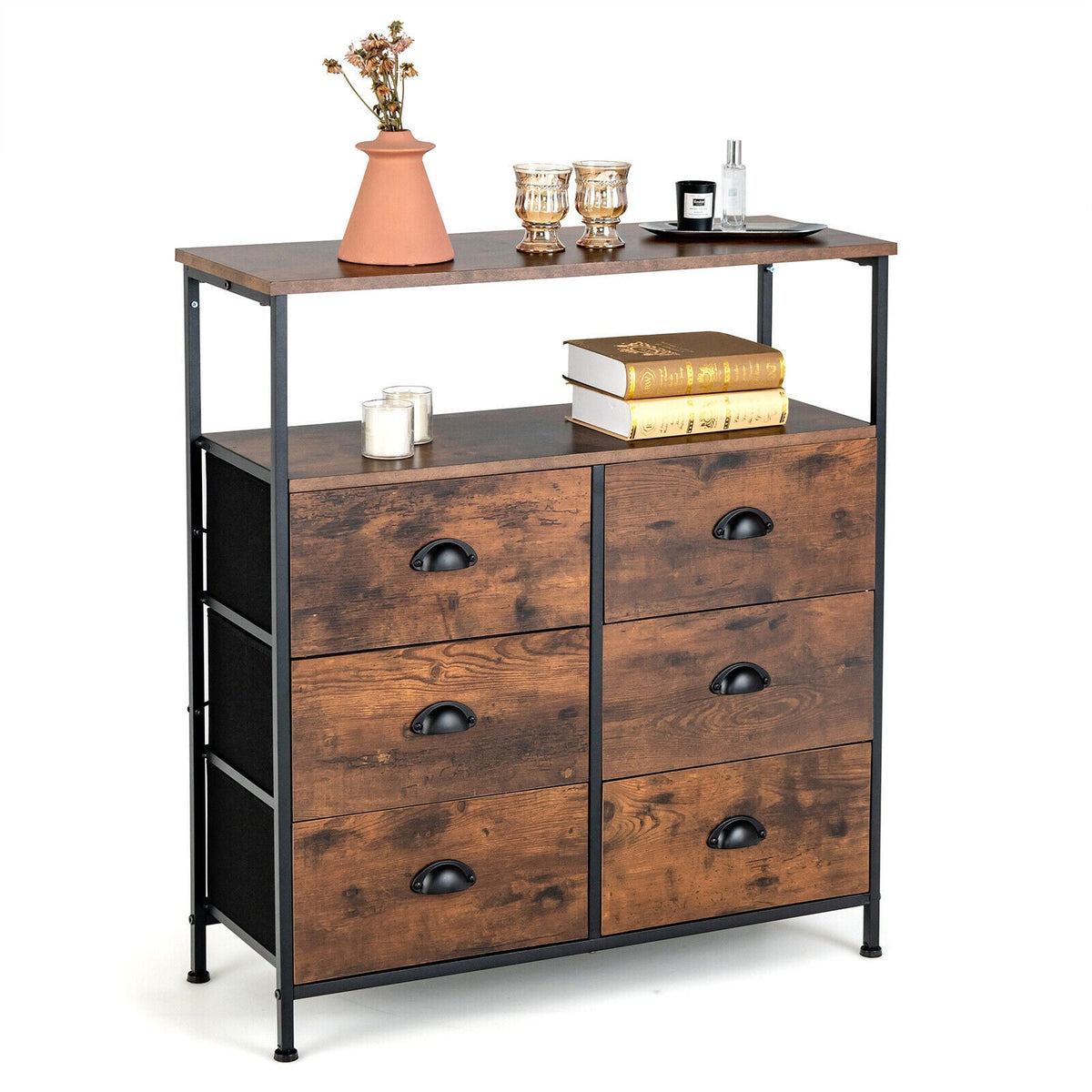 2-Tier Storage Chest with Wooden Top and 6 Fabric Drawers-Rustic Brown