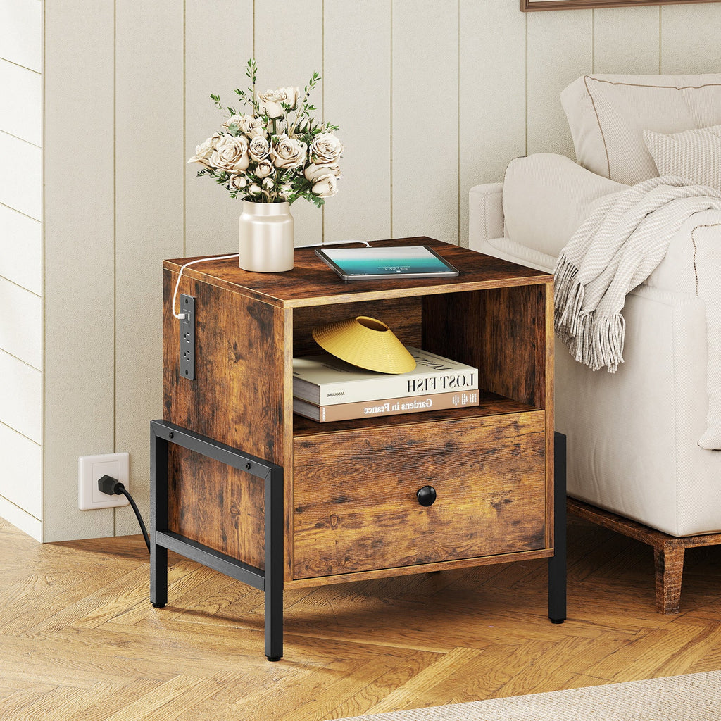 Nightstand with Charging Station and Drawer Sofa Side Table-Rustic Brown