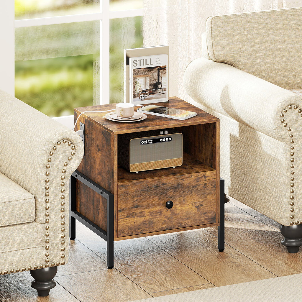 Nightstand with Charging Station and Drawer Sofa Side Table-Rustic Brown