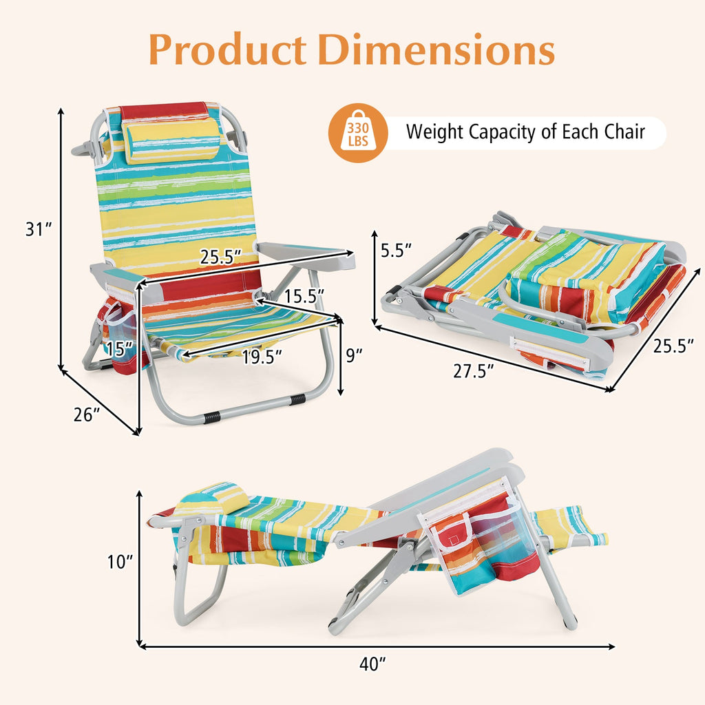 1 Piece Foldable Backpack Beach Chair with Cup Holder and Storage Pockets for Outdoor