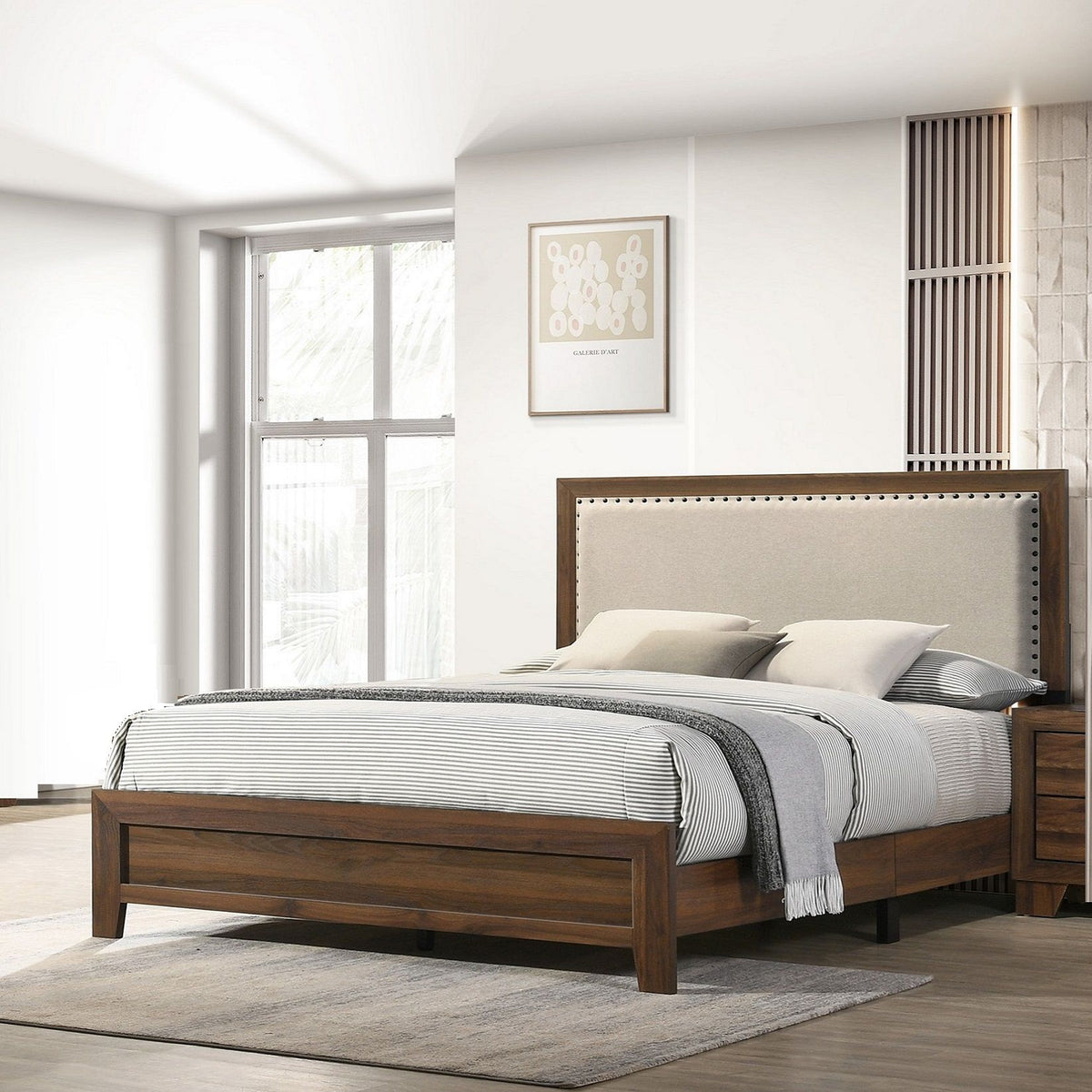 Panel Bed With Fabric Upholstered Tufted Nailhead Trim Headboard