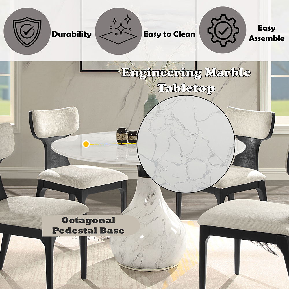 Koen - Round Dining Table, Engineering Marble Top - White & Black