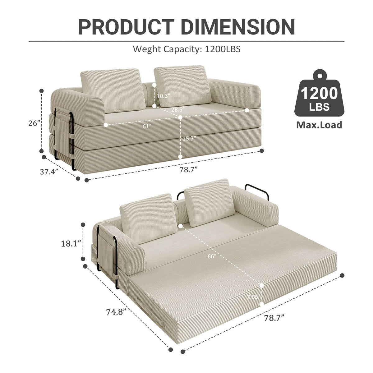 Convertible Sleeper Sofa Bed With Cylindrical Pillow, Fixed Shape Frame