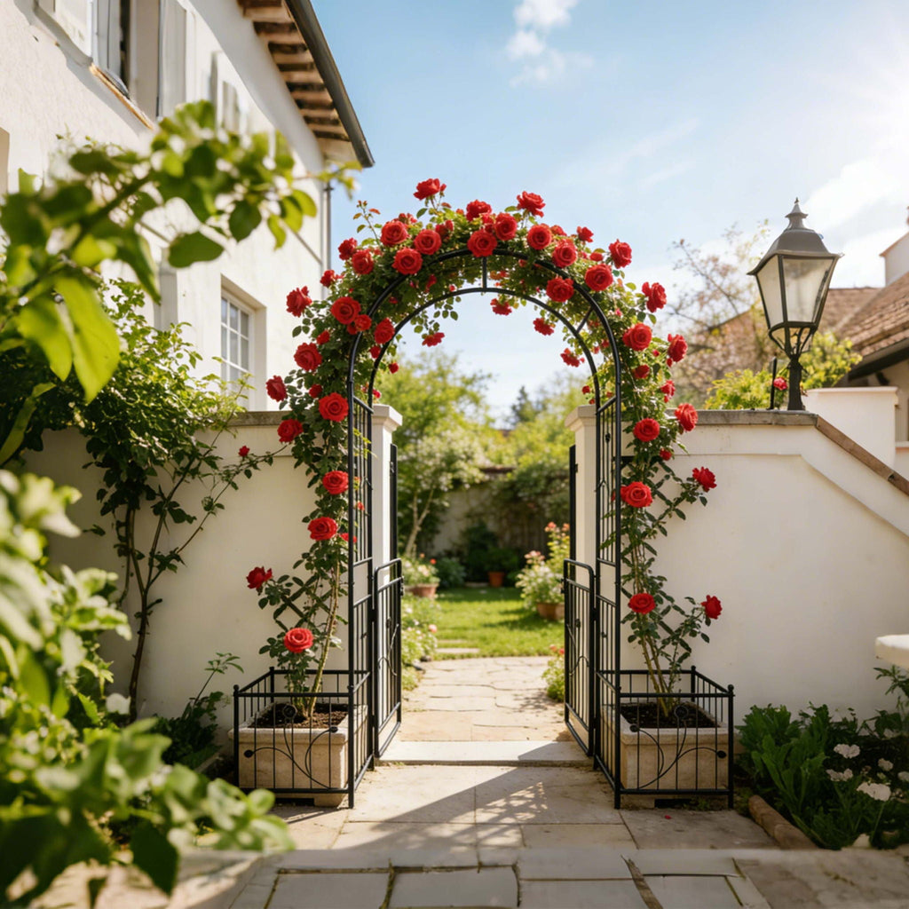 Metal Garden Arch With Gate Wide High Climbing Plants Support Rose Arch Outdoor - Black