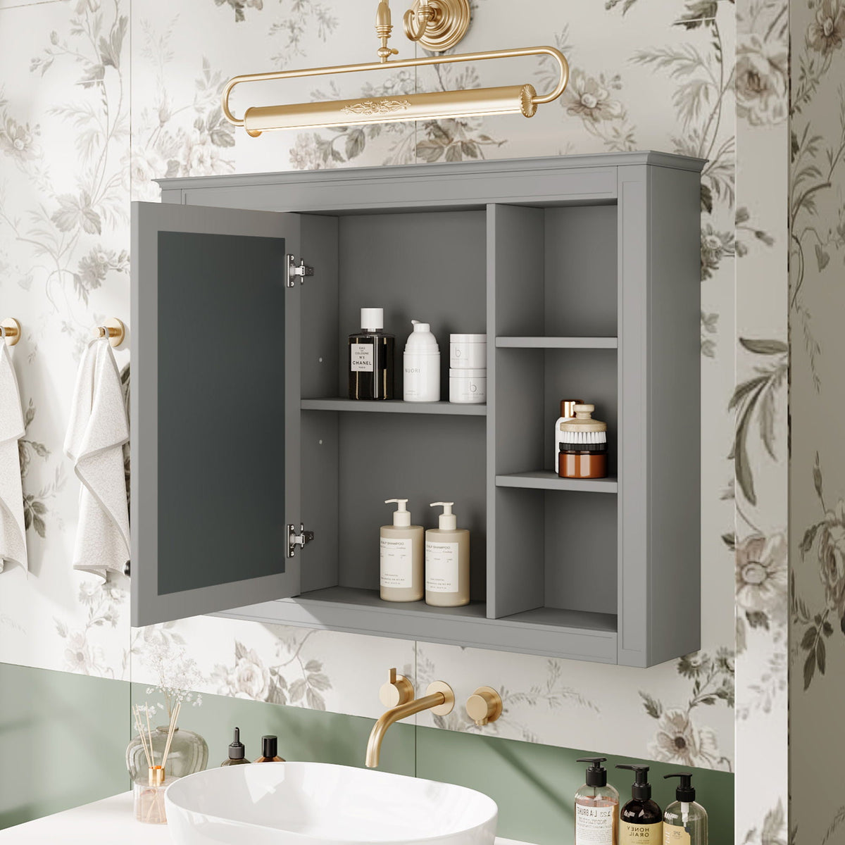 Wall Mounted Medicine Cabinet With Mirror, Storage Cabinet Featuring 6 Open Shelves And Adjustable Interior