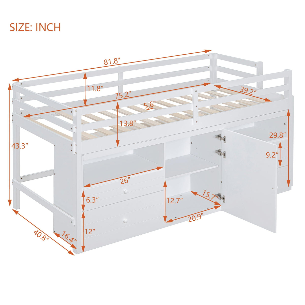 Loft Bed With 4 Drawers, Underneath Cabinet And Shelves