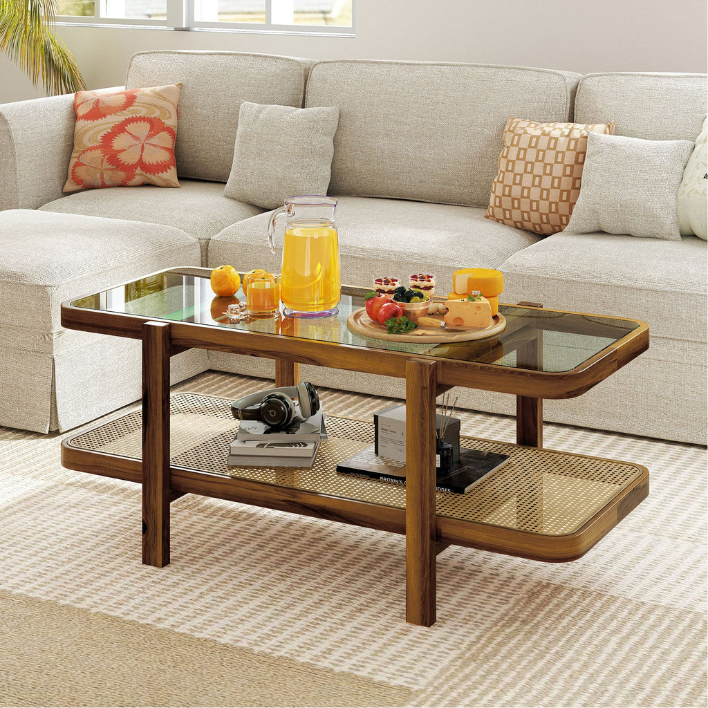 2-Tier Coffee Table with Storage and Tempered Glass Tabletop