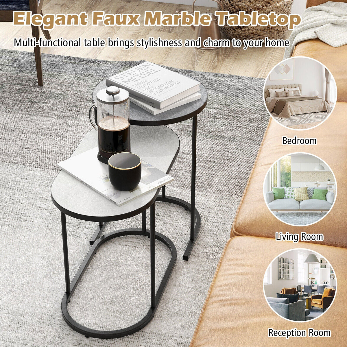 2-in-1 Design Faux Marble Top Tea Table