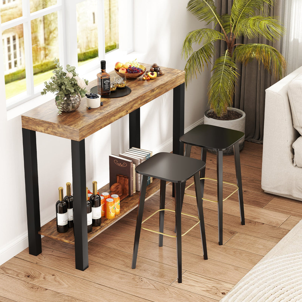 2-Tier Home Bar Table with Open Shelves and Storage for Home Kitchen Living Room Pub-Rustic Brown