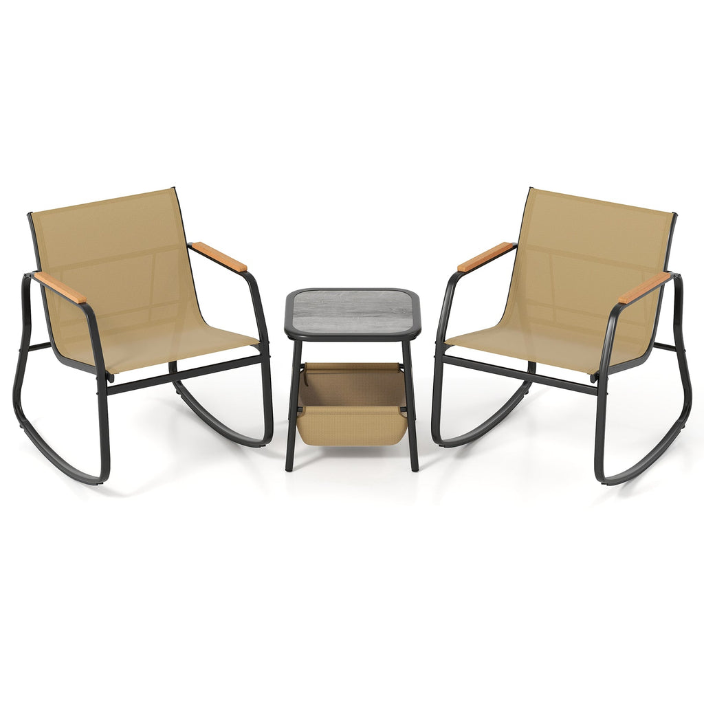 3 Piece Rocking Bistro Chairs and Side Table Set with Storage Bag-Brown
