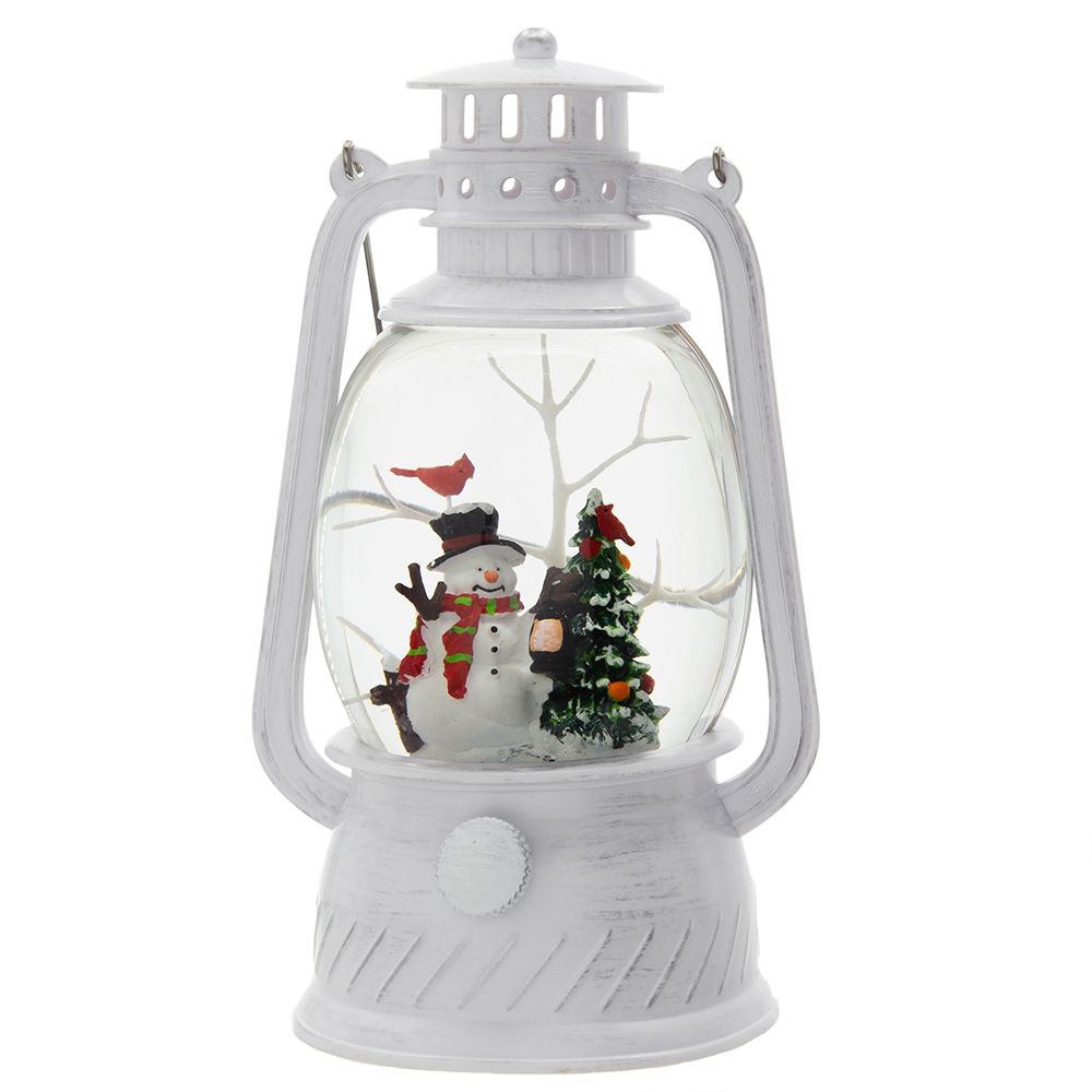 Christmas Plastic / Resin Lantern With Snowman & Tree LED / Water Spinning / 6 Hours Timer, 3*AA Batteries Required - White / Multi