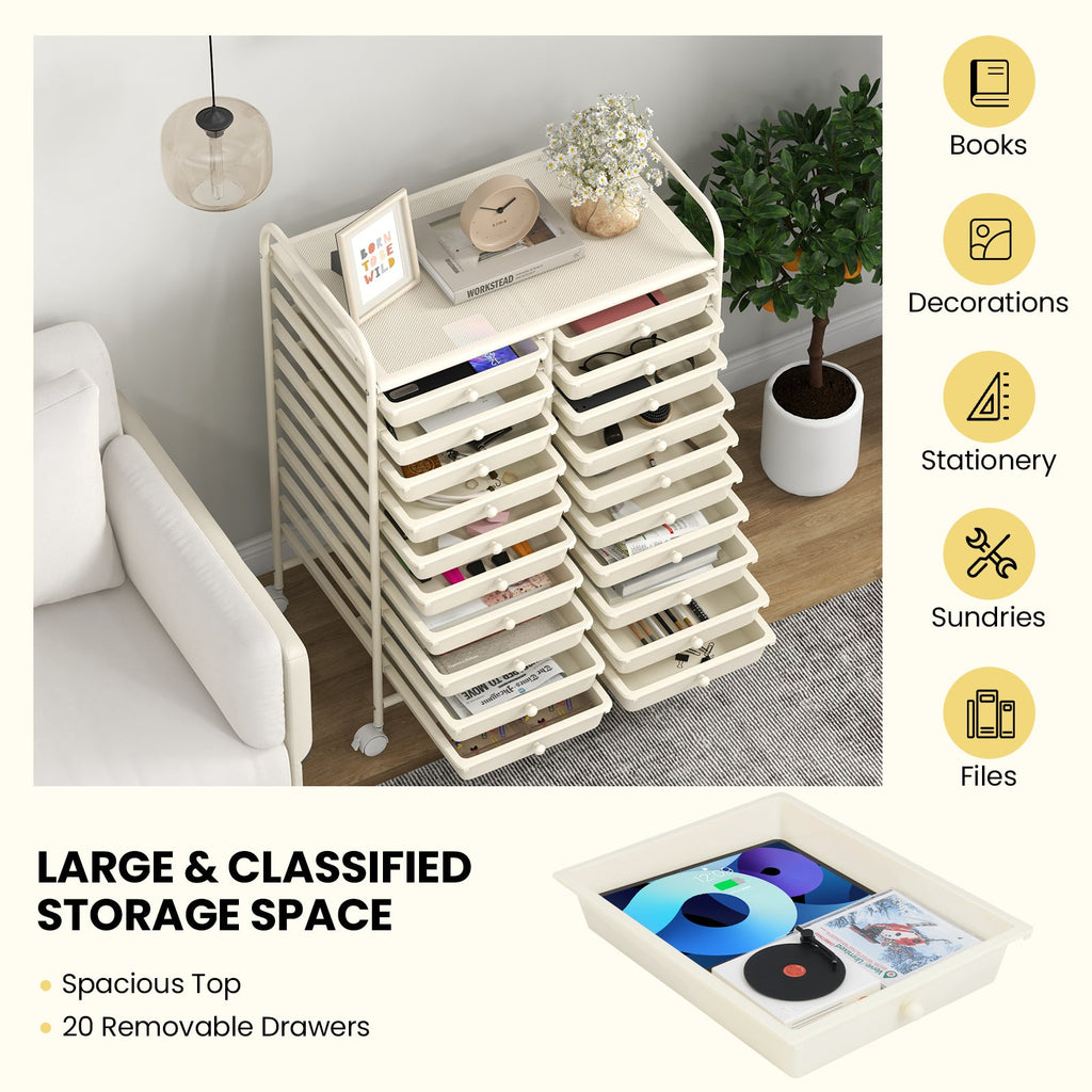 20 Drawers Rolling Storage Cart Studio Organizer-Beige