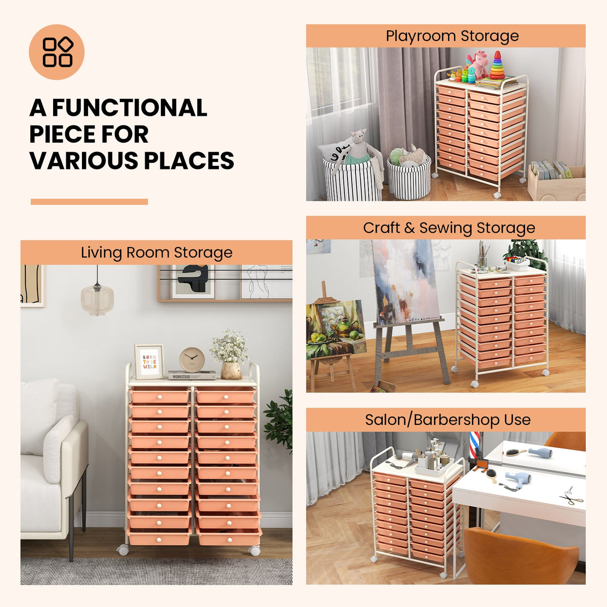 20 Drawers Rolling Storage Cart Studio Organizer-Peach