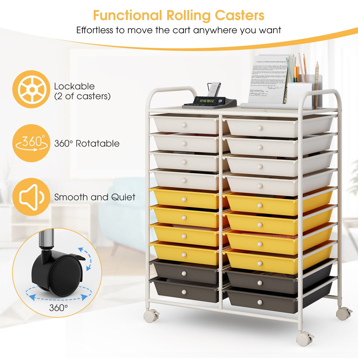 20 Drawers Storage Rolling Cart Studio Organizer-Yellow