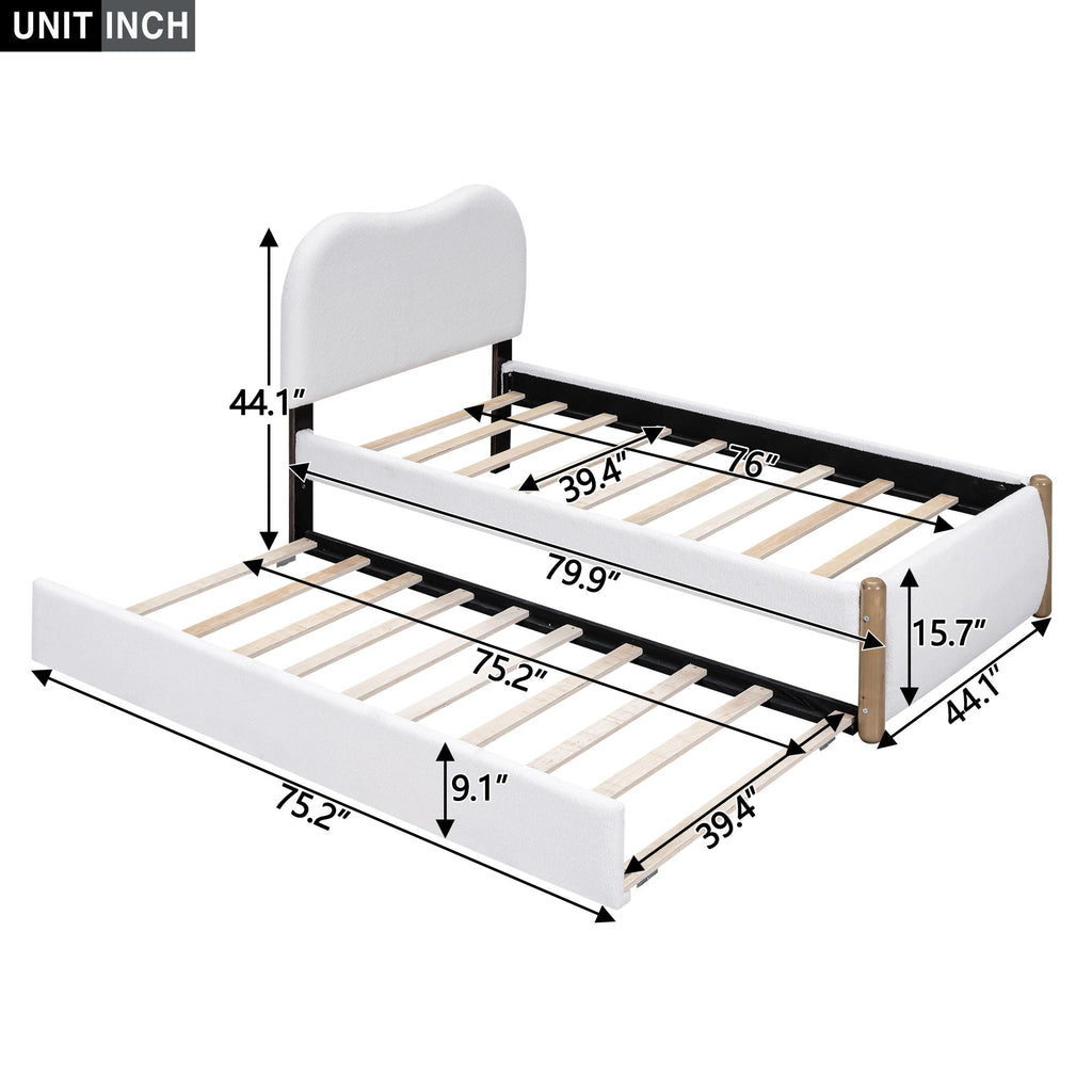 Upholstered Platform Bed With Wood Supporting Feet And Trundle