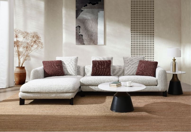 Mardi - Tweed Sectional Sofa With 3 Pillows - Maroon / Beige
