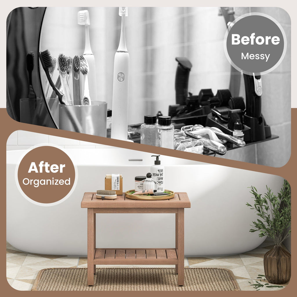 21 Inches Teak Shower Bench with Storage Shelf