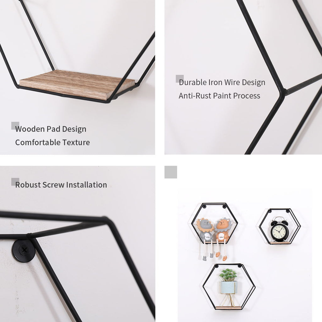 Wall Mounted Hexagonal Floating Shelves - Black (Set of 3) In Different Sizes, Modern Metal Wall Shelf, Simple Wood Partition Storage Shelves, Wall Decor Rack - Natural Wood